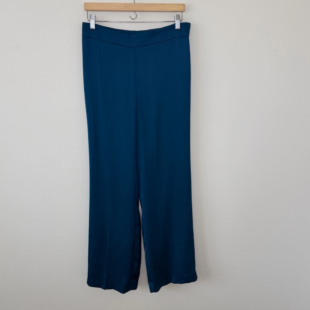 Ann Taylor Teal Satin Wide Leg Pants Fully Lined Side Zip Elegant Career Evening - Picture 2 of 10